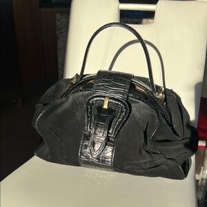 Roberto Cavalli Black Suede Satchel with Croc-Embossed Trim